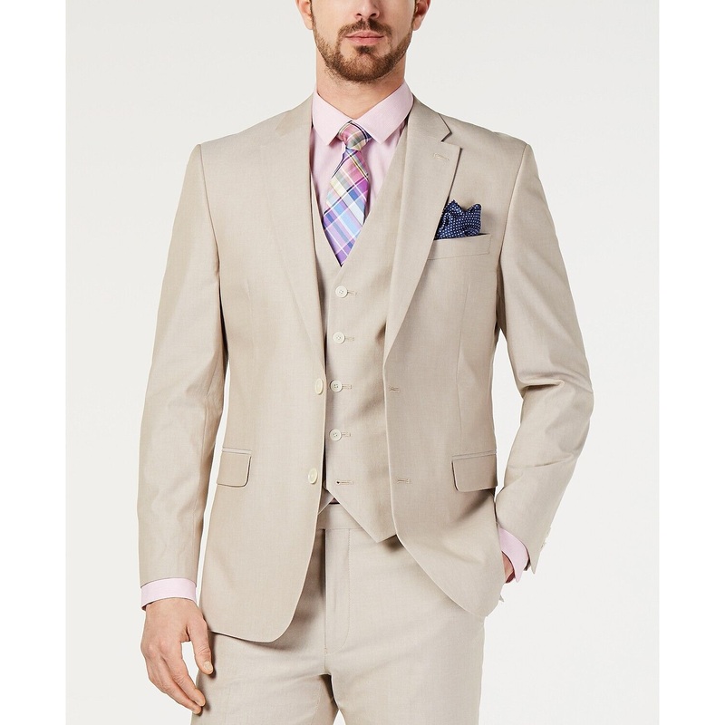 Tommy Hilfiger Men's Suit Jacket 40R Modern-Fit Flex Stretch Chambray Tan Khaki