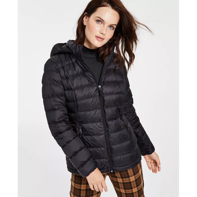 CHARTER CLUB Women's Plus Size Packable Hooded Down Puffer 0X Black