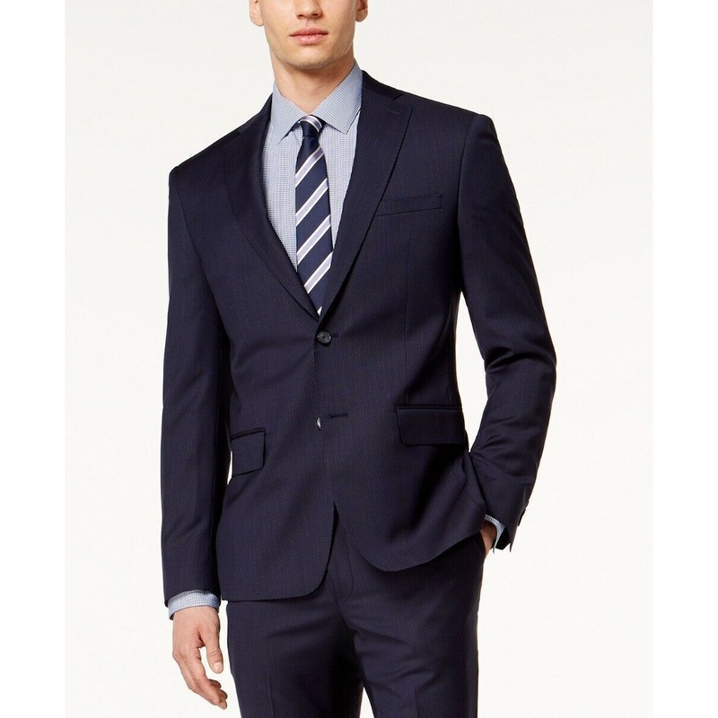 DKNY Mens Modern-Fit Stretch Textured Mini Striped Suit Jacket 36S Navy Blue