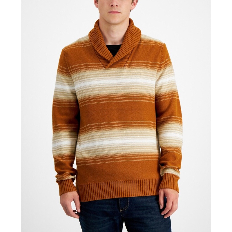 Sun + Stone Men's Deacon Horizontal Striped Shawl Sweater XL Caramel