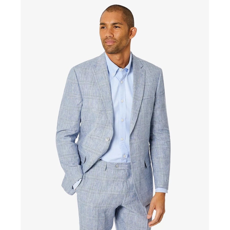 Tommy Hilfiger Men's Modern-Fit Flex Stretch Plaid Linen Suit Jacket 40L Blue