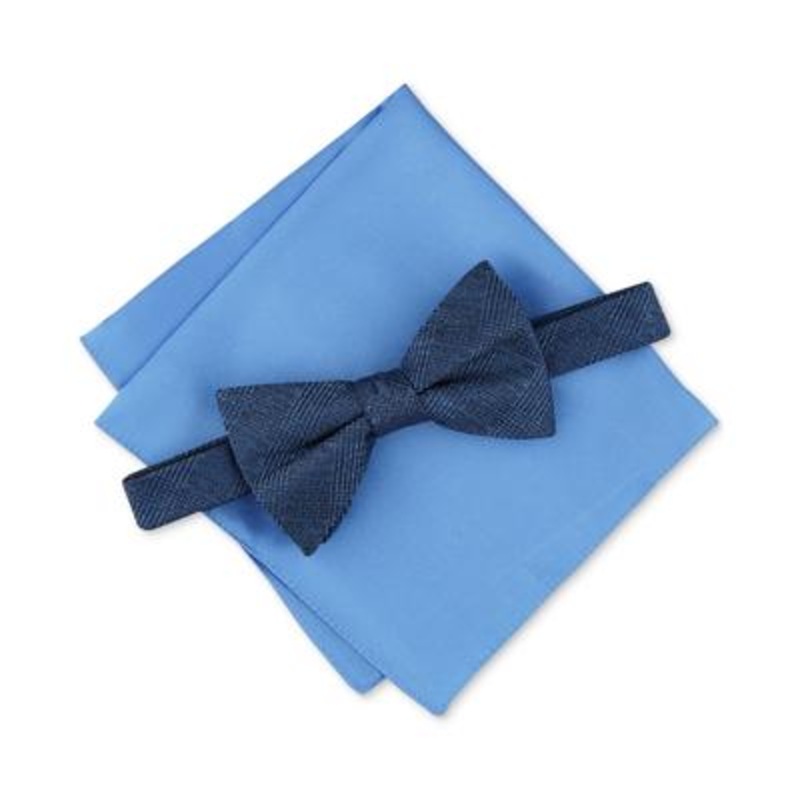 Alfani Men's Munroe 2 Pc Plaid Pre Tied Bow Tie & Solid Pocket Square Set Blue