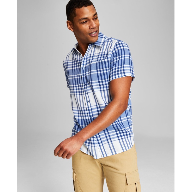 And Now This Men's Plaid Woven Short-Sleeve Button Down Shirt Light Navy Small