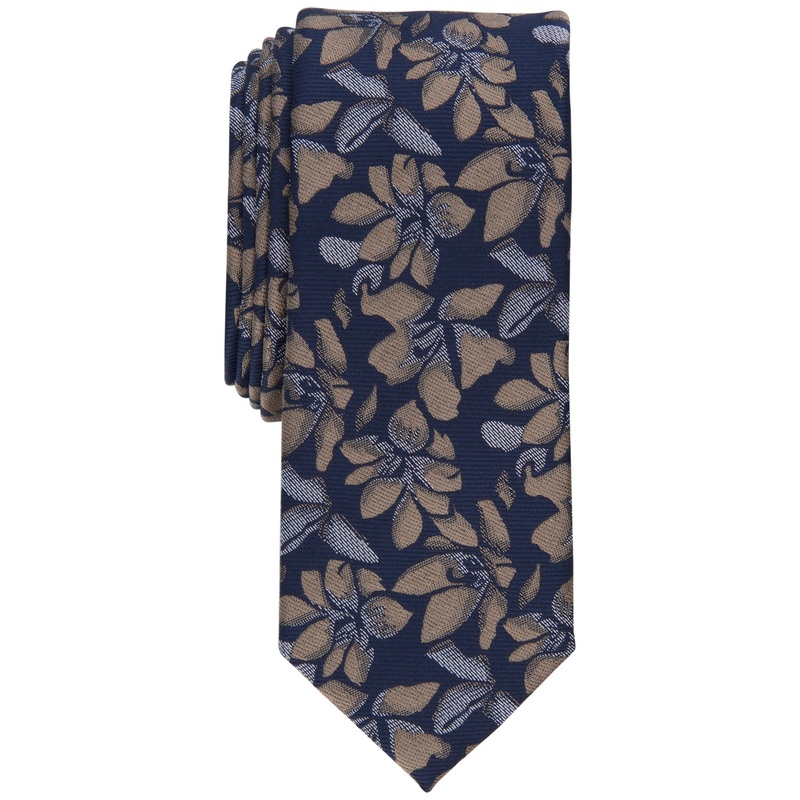 Bar Iii Men's Cambria Skinny Floral Tie Taupe Blue Necktie