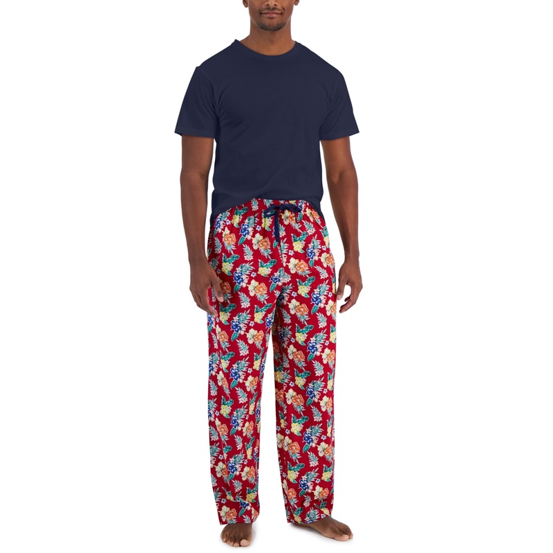 Club Room Men's Solid Top Tropical Pants 2 Piece Pajama Set Jester Red XL