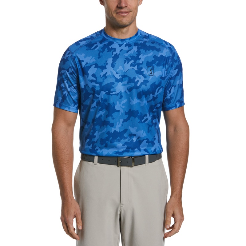 Pga Tour Men's Camo Print Short-Sleeve Performance T Shirt Nautical Blue Small