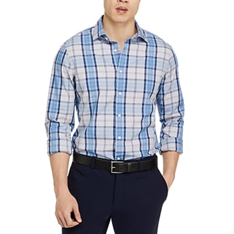 The Mens Store   Slim Fit Button Front Dress Shirt XL Blue Plaid