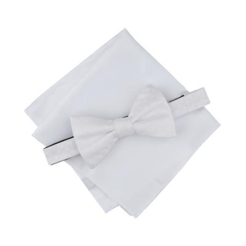 Alfani Men's 2 Pc Tied Herringbone Dot Bow Tie & Solid Pocket Square Set White