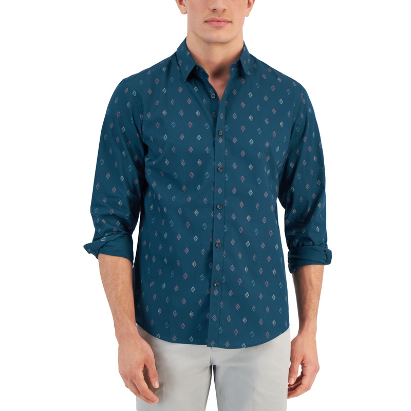 Alfani Men's Fulano Diamond Print Long Sleeve Button Down Shirt Green Small