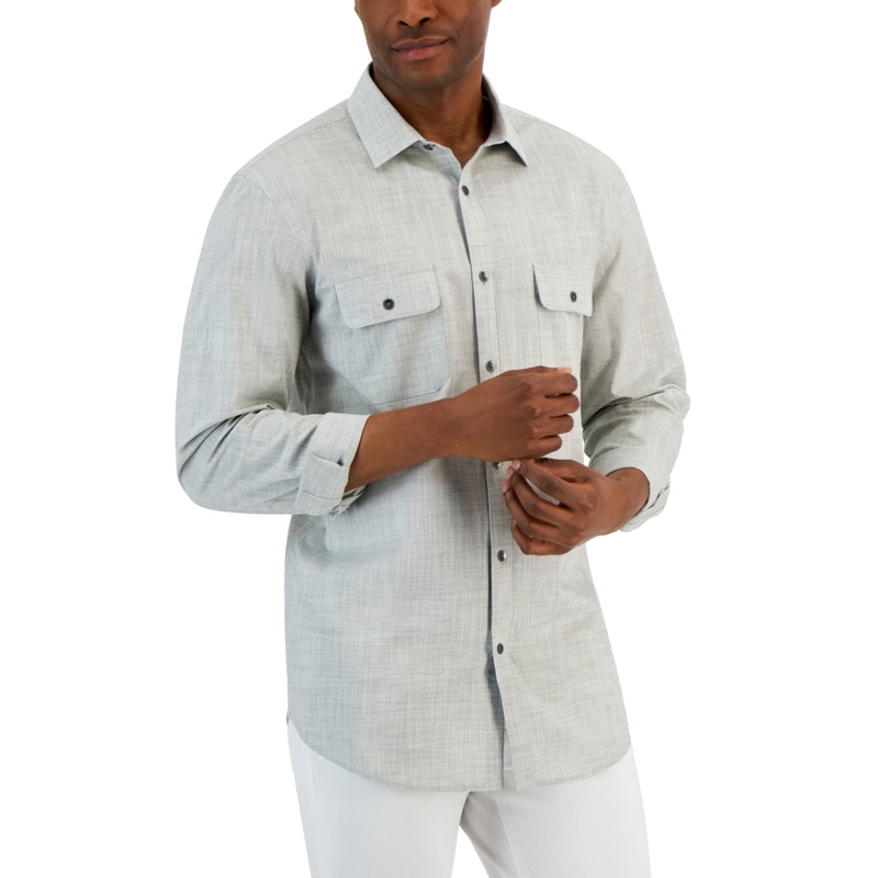 Alfani Men's Regular Fit Solid Button Down Shirt Military Soil Small