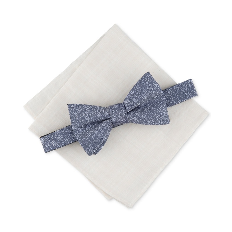 Bar Iii Men's Levetin Pre Tied Floral Bow Tie & Pocket Square Set Grey White