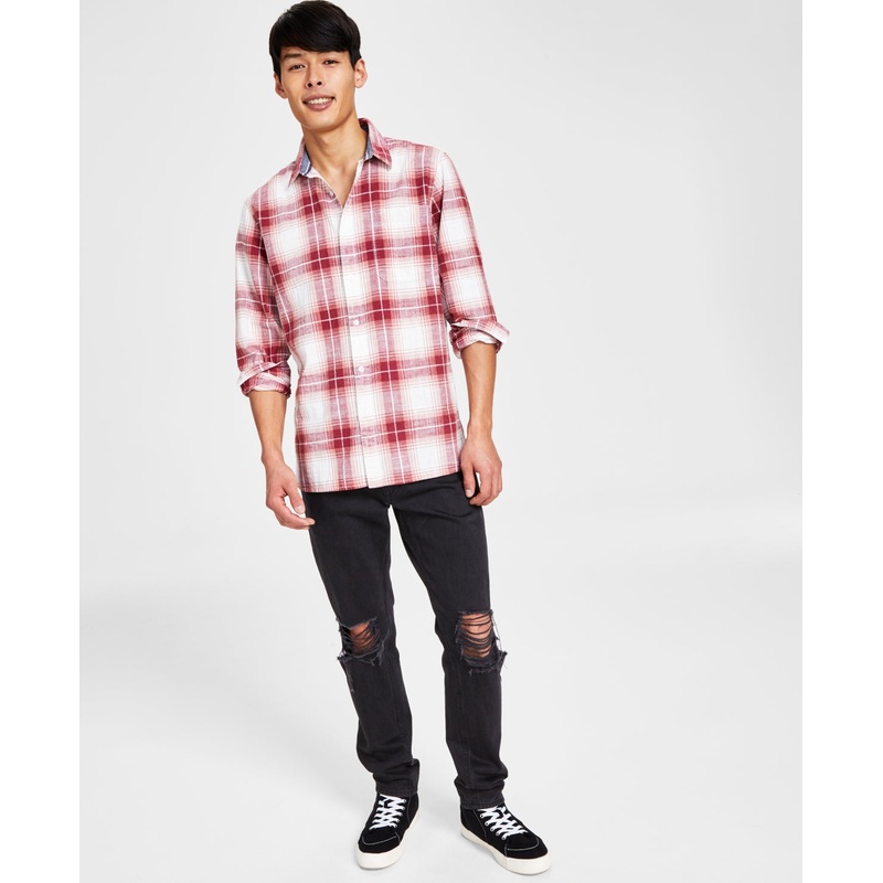 Sun + Stone Men's Brock Classic Fit Textured Plaid Button Down Shirt Red Small