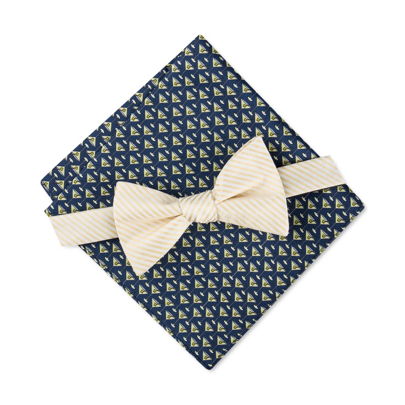 Tommy Hilfiger Men's Stripe Bow Tie Martini Pocket Square Set Yellow Necktie