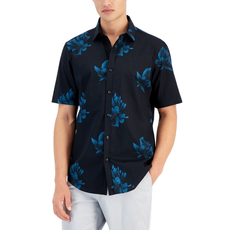 Alfani Men's Alfa Short Sleeve Floral Print Button Down Shirt Black Small