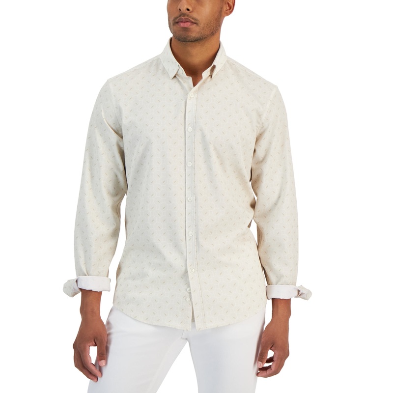 Alfani Men's Alfatech Regular Fit Alfa Dot Button Down Shirt Beige Small