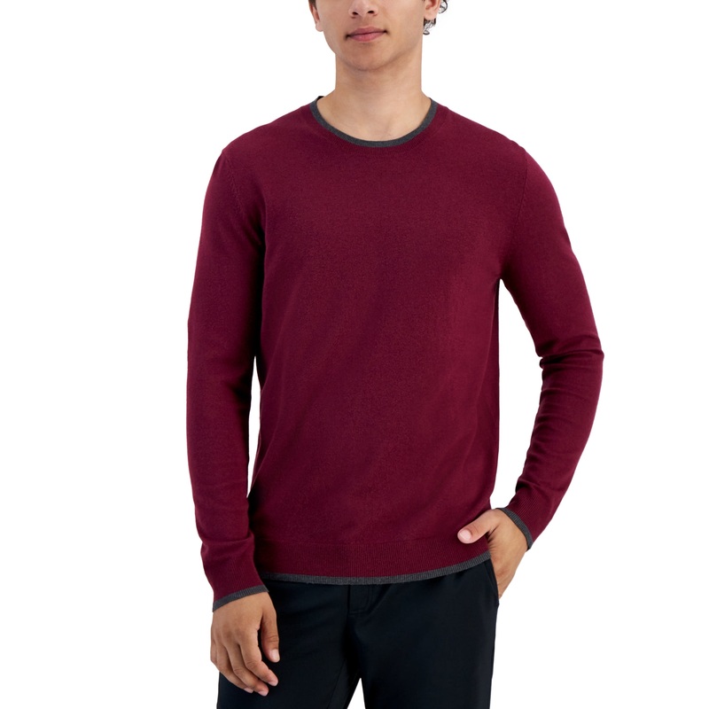 Alfani Men's Contrast Edge Crewneck Sweater Maroon Banner Red XXL