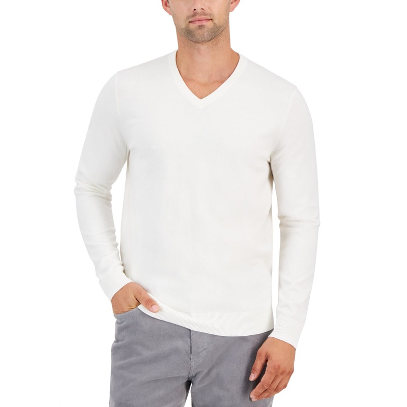 Alfani Men's Solid V Neck Cotton Sweater Vanilla Ice Beige 3XL