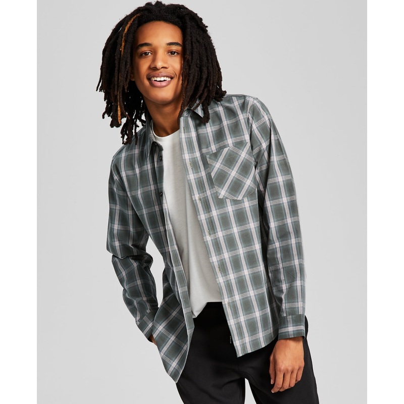 And Now This Men's Woven Plaid Long Sleeve Button Down Shirt Green Small