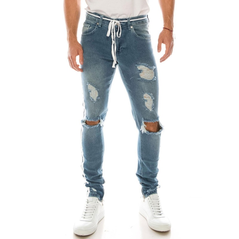 Ron Tomson Mens Modern Skinny Fit Distressed Track Jeans Light Blue 29