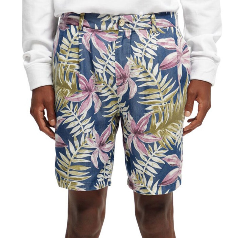 Scotch and Soda Men's Floral Printed Pleated Twill Shorts Blue Multi Size 36