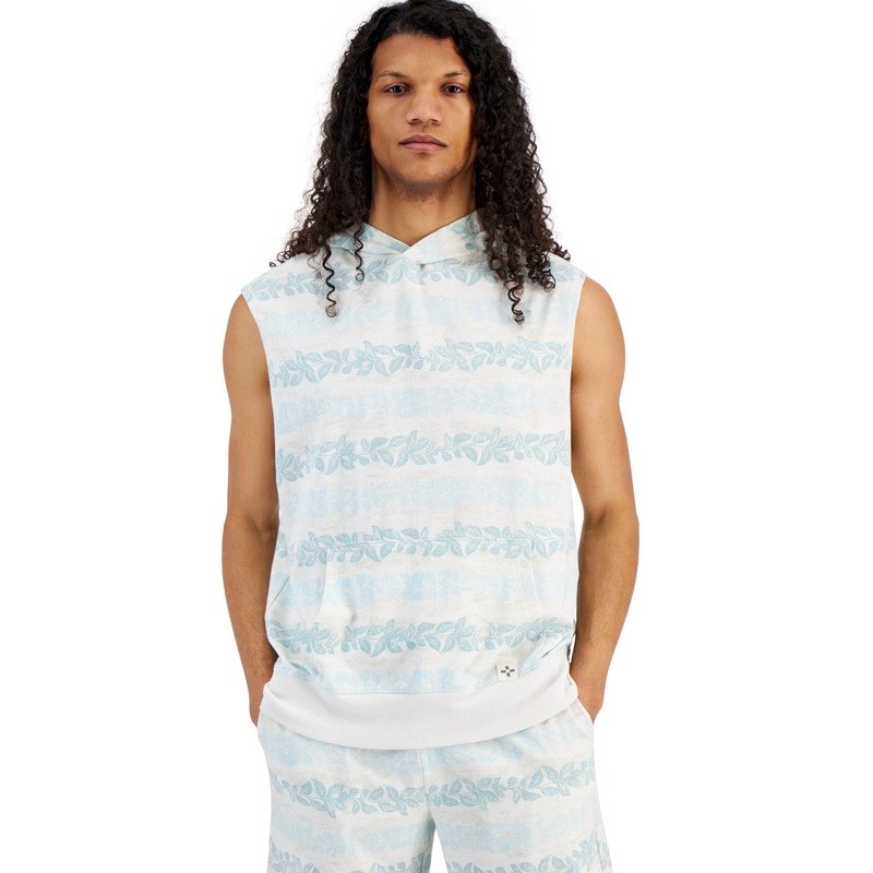 Sun Stone Men's Regular Fit Botanical Stripe Sleeveless Hoodie White XXL