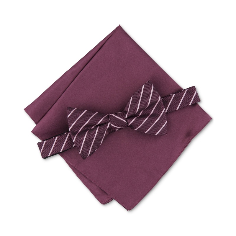Alfani Men's Laurel Stripe Bow Tie & Pocket Square Set Berry Purple Necktie