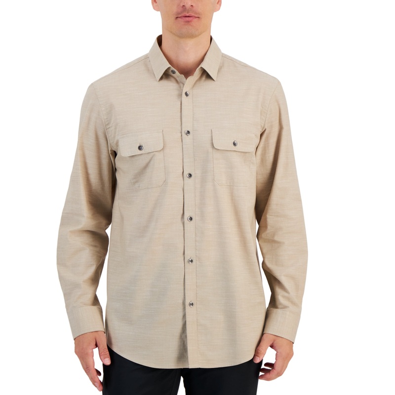 Alfani Men's Regular Fit Solid Button Down Shirt Twill Beige Small