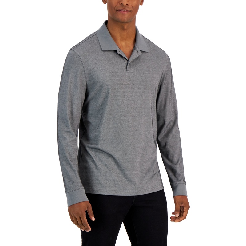 Alfani Men's Regular Fit Solid Long Sleeve Supima Polo Shirt Grey Small