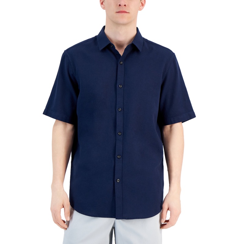 Alfani Men's Short Sleeve Button Down Textured Shirt Neo Navy Blue Small