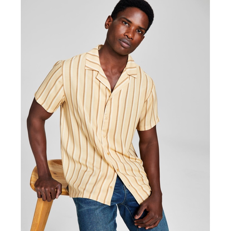 And Now This Men's Striped Woven Short Sleeve Button Down Camp Shirt Beige Large