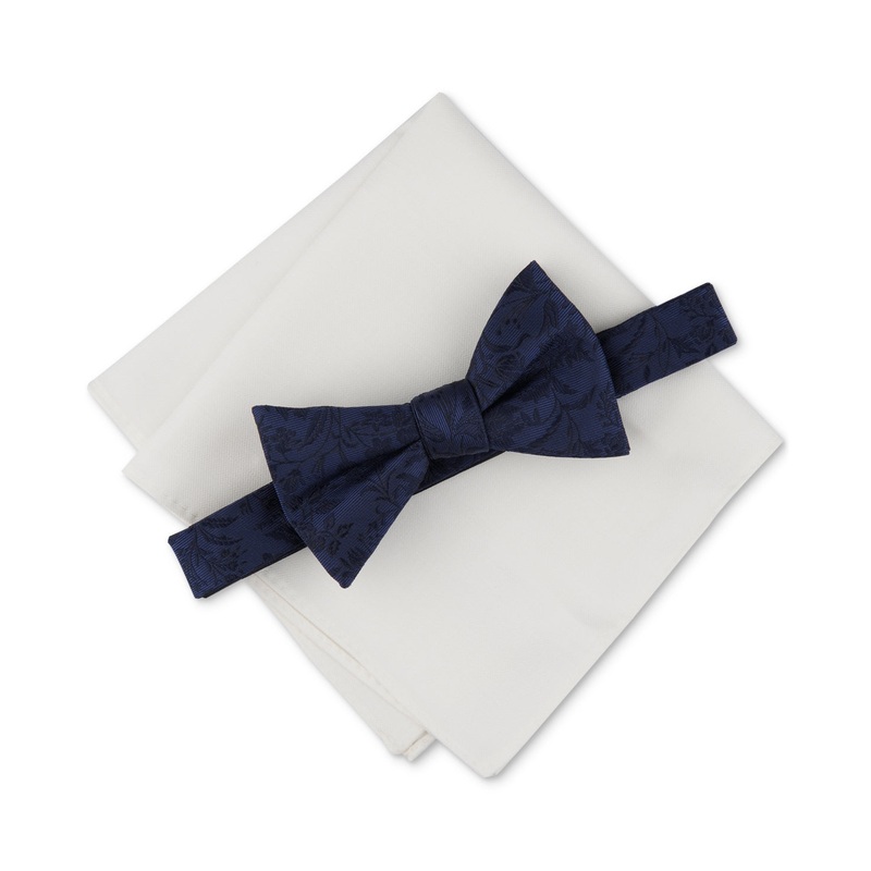 Bar Iii Men's 2 Piece Edken Bow Tie Pocket Square Set Navy Blue Necktie