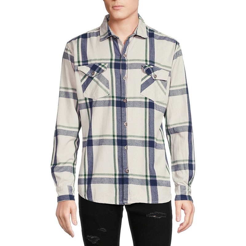 Original Paperbacks Men's VIntage Wash Plaid Flannel Shirt Cream Blue Small
