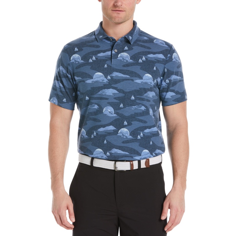 Pga Tour Men's Allover Scenic Print Short Sleeve Golf Polo Shirt Blue Small