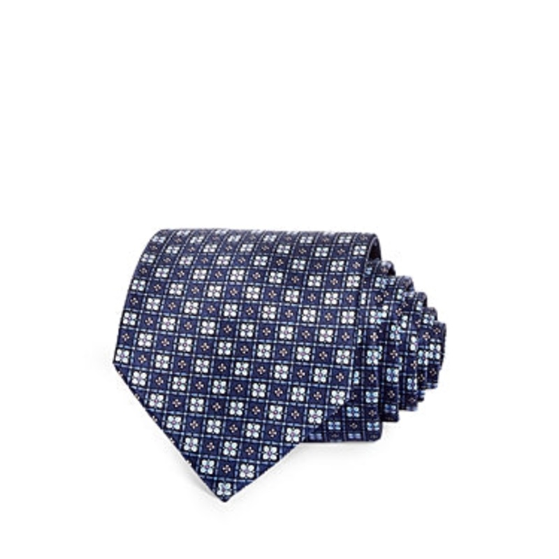 The Men's Store  Floral Grid Silk Classic Tie Blue Necktie