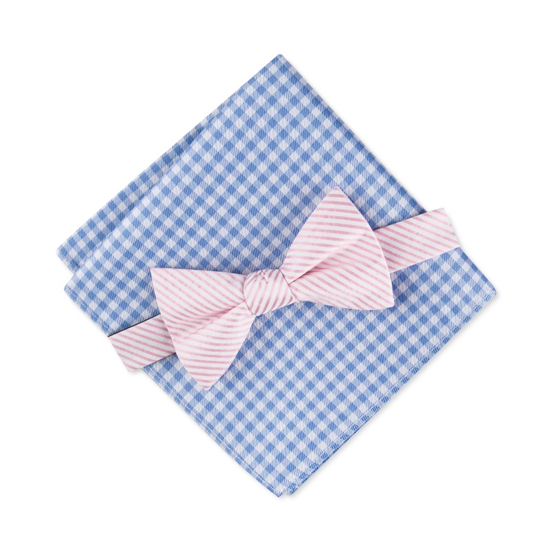 Tommy Hilfiger Men's Seersucker Bow Tie Necktie Gingham Pocket Square Set