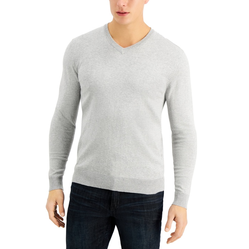 Alfani Mens Solid V Neck Cotton Pullover Sweater Casual Grey 3XL