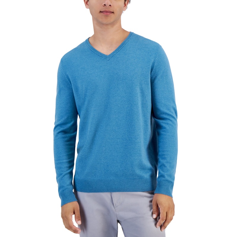Alfani Mens Solid V Neck Cotton Sweater Deep Patina Blue 2XL