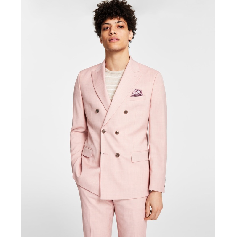Bar III Men's Slim Fit Wool Sharkskin Double Breasted Suit Jacket PInk 40R