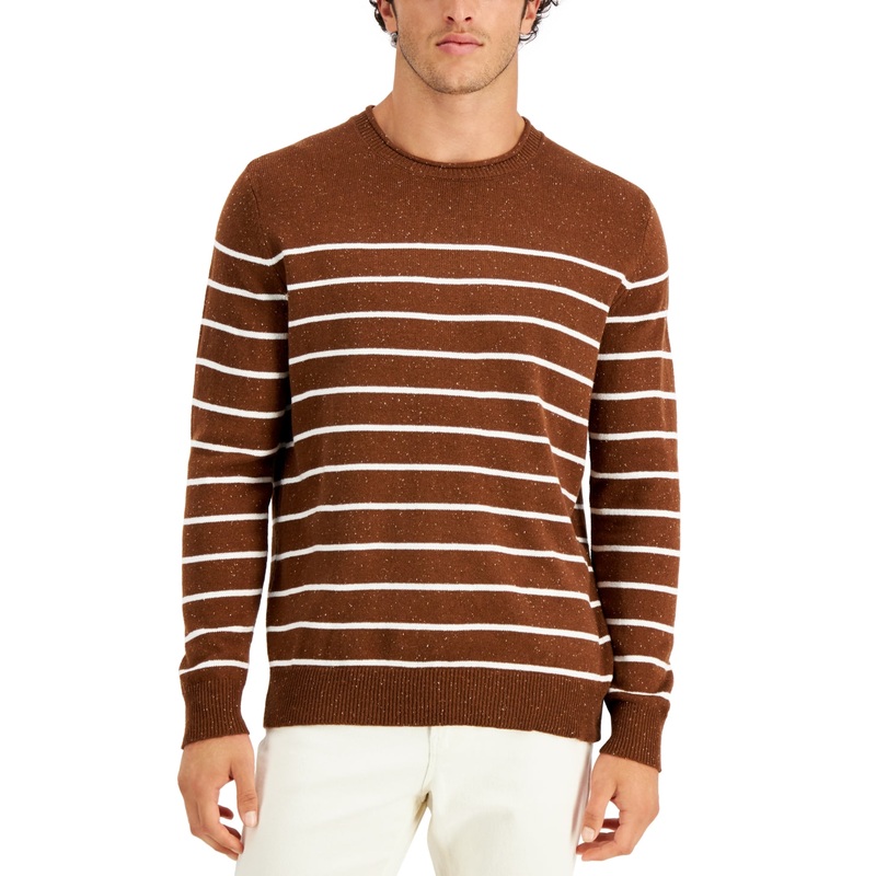 Club Room Men's Brown Striped Crewneck Sweater Brown White Small