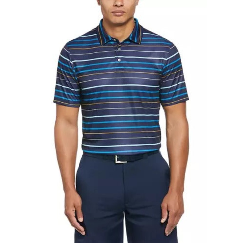 PGA TOUR Men's All Over Fine Line Polo Golf Shirt Small Navy Blue
