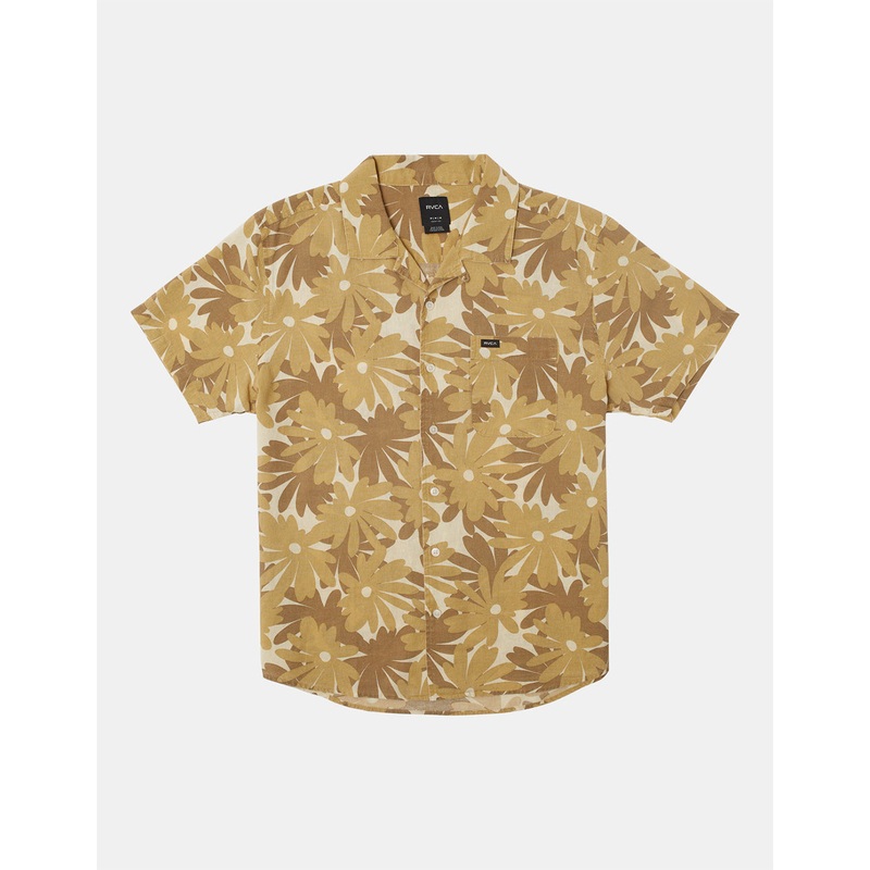 RVCA Mens Pop Floral Short Sleeve Button Down Shirt Khaki Yellow Small