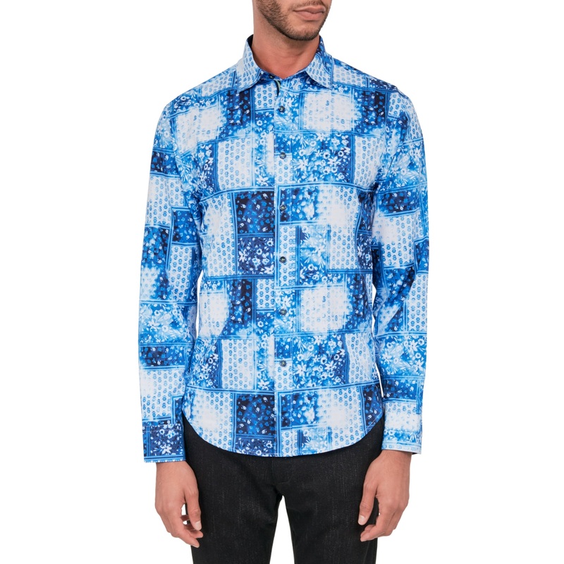 Society of Threads Mens Patchwork Print Button Down Shirt White Blue Medium