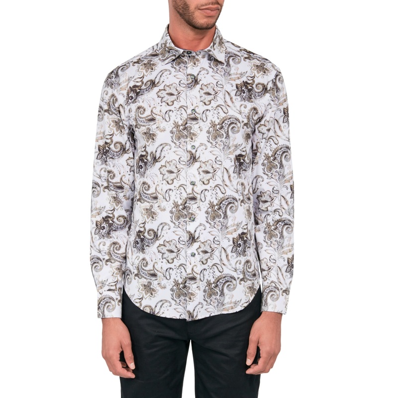 Society of Threads Mens Stretch Button Down Shirt Paisley White Small