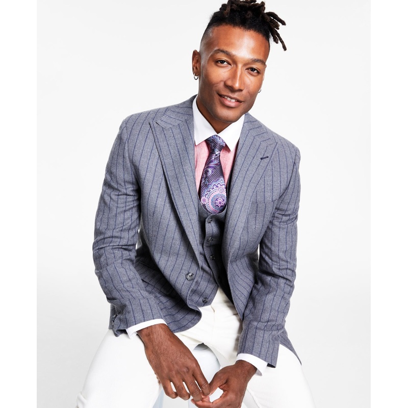 Tayion Collection Mens Classic Fit Pinstripe Sport Coat Blazer Grey Blue 42R