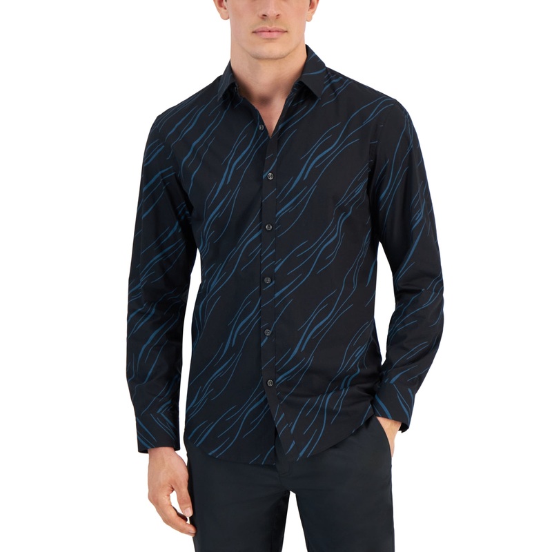 Alfani Men's Breeze Abstract Print Long Sleeve Button Down Shirt Deep Black XL