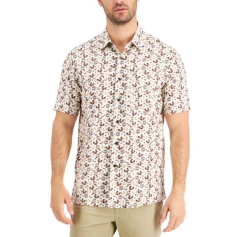 Tasso Elba Men's Cellula Tile Short Sleeve Button Down Shirt Khaki Beige XL