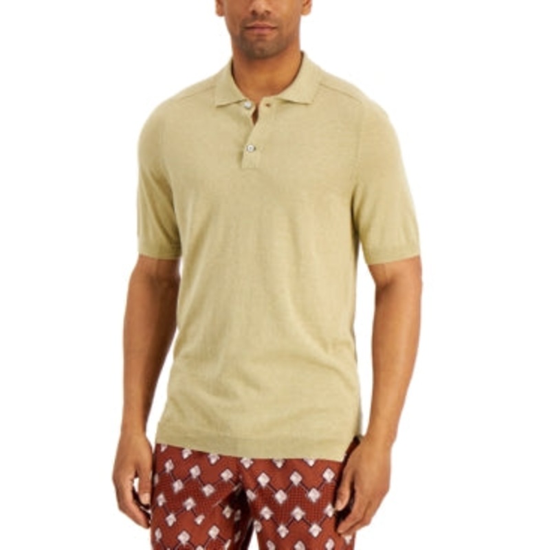 Tasso Elba Men's Linen Short Sleeve Polo Shirt Khaki Large