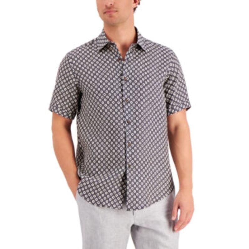 Tasso Elba Men's Regular Fit Geo Print Button Down Shirt Dark Brown XL
