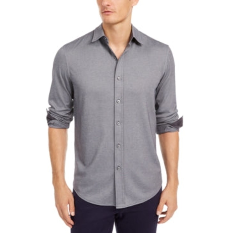 Tasso Elba Mens Birdseye Knit Button Down Shirt Dark Lead Grey XL