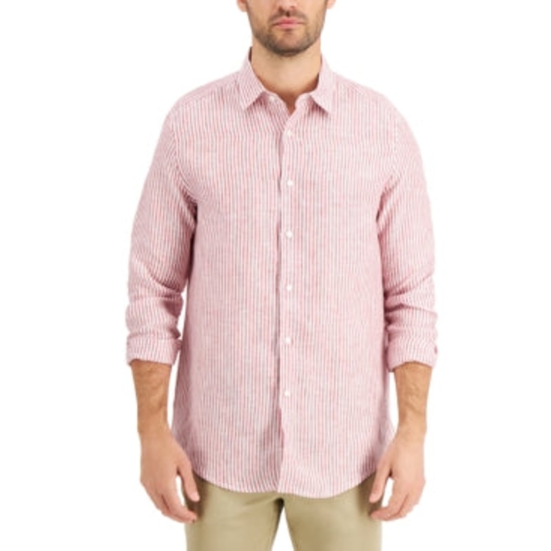 Tasso Elba Mens Linen Stripe Button Down Shirt Heather Red Small